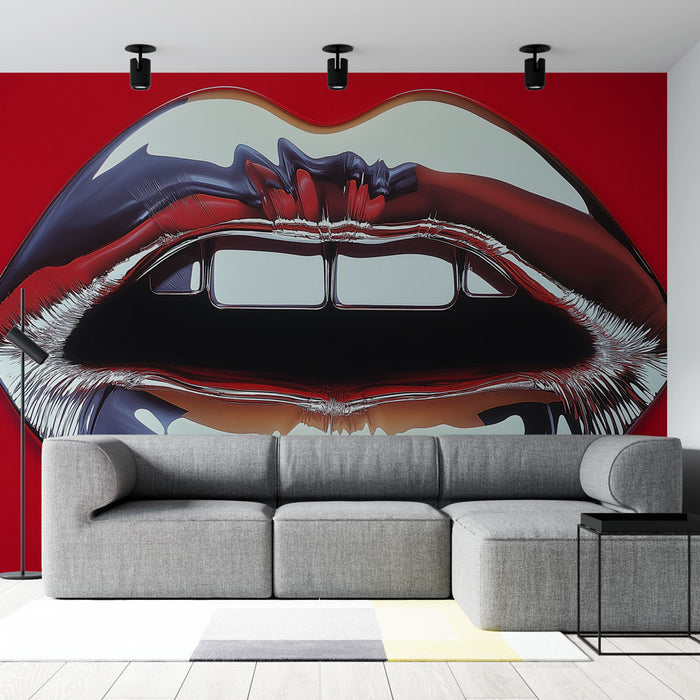 Papier peint design audacieux avec bouches brillantes et effet métallique captivant pour salon moderne