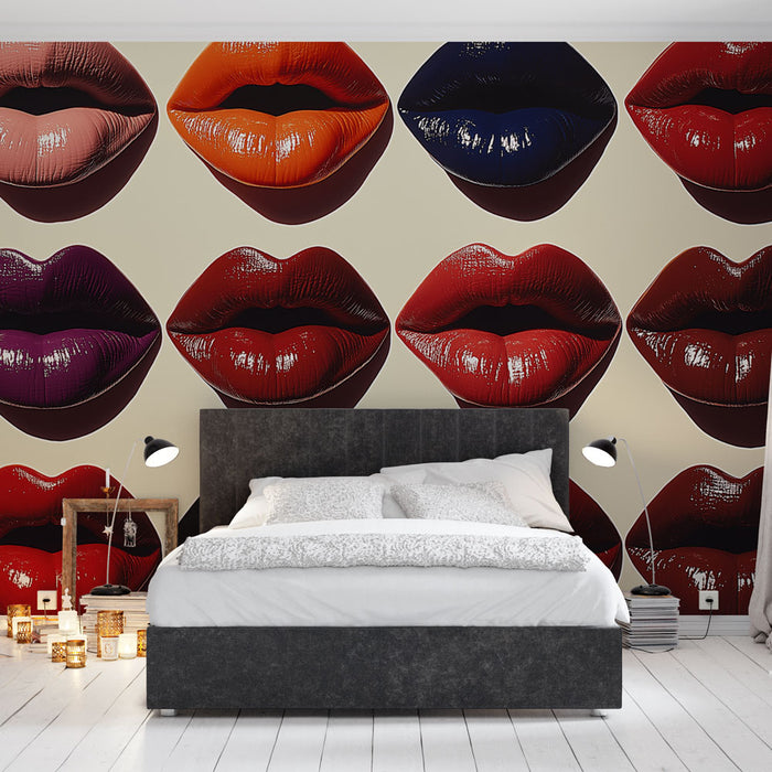 Papier peint moderne avec motifs de lèvres colorées brillantes pour chambre adulte élégante