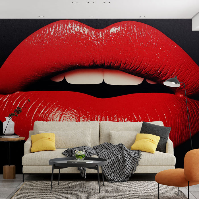 Papier peint moderne avec lèvres rouges pulpeuses et brillantes pour salon audacieux.