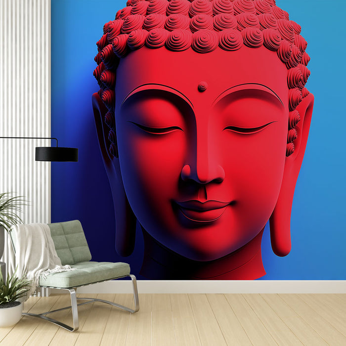 Papier peint Bouddha moderne | Tête de Bouddha en rouge sur fond bleu