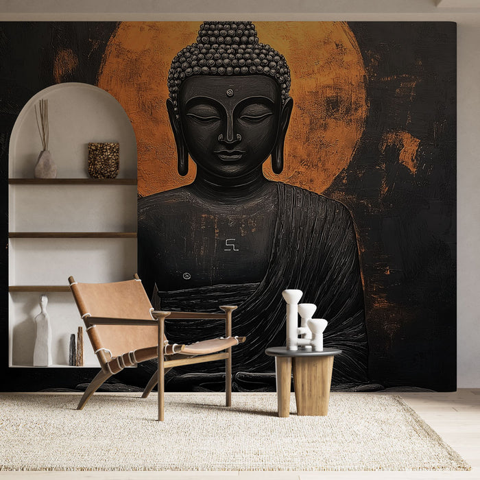 Papier peint Bouddha | Papier peint Bouddha en noir avec fond doré