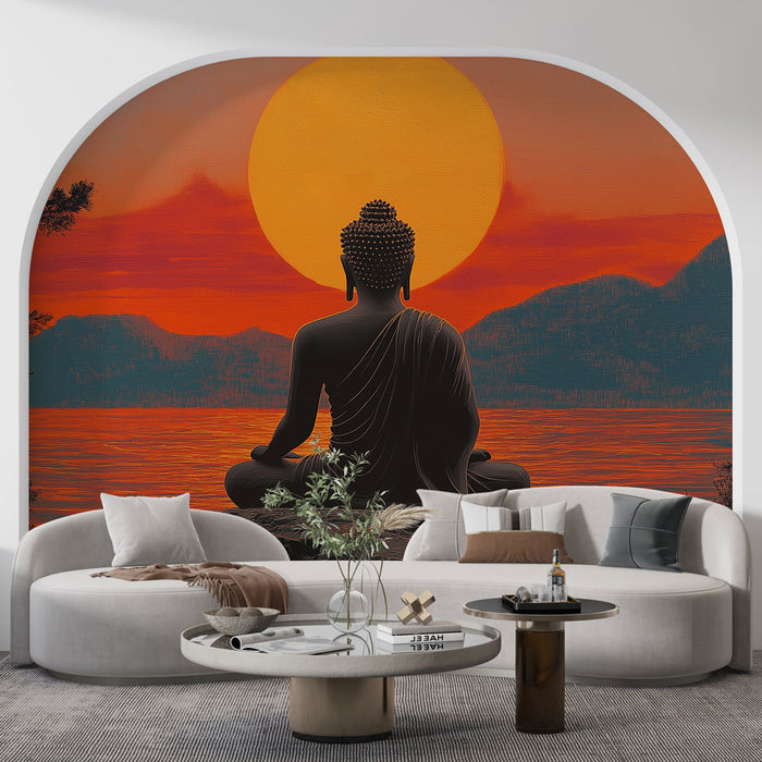 Papier peint Bouddha | Silhouette de Bouddha au coucher de soleil spectaculaire