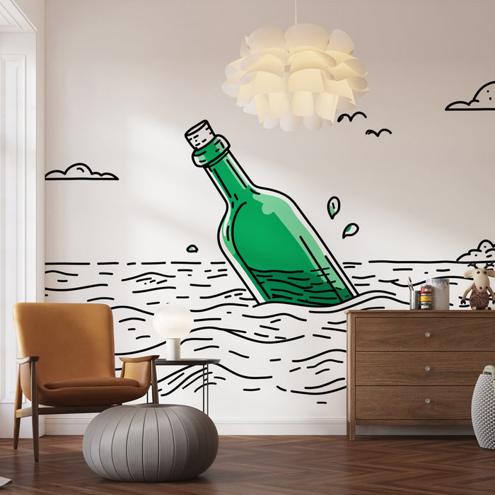 Une pièce moderne avec un papier peint illustratif représentant une bouteille verte émergeant de vagues stylisées, créant une ambiance ludique et maritime.