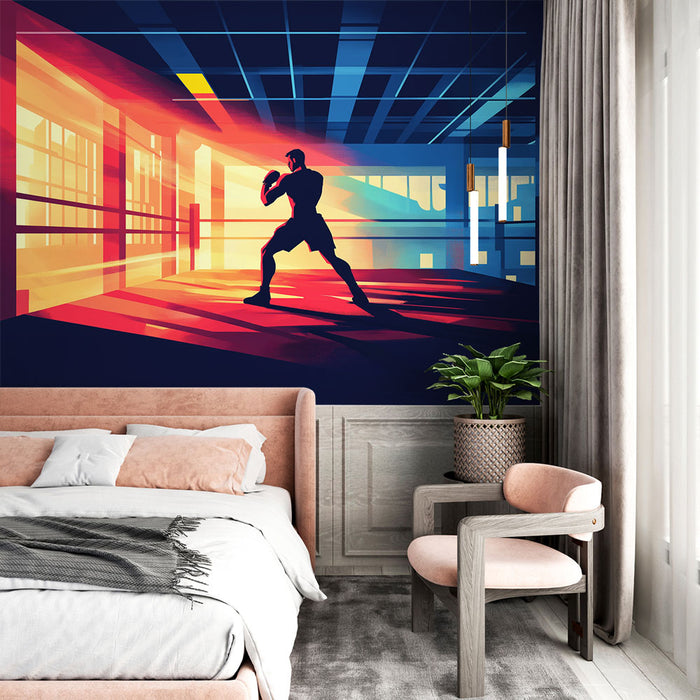 Papier peint boxe | Silhouette dynamique d'un boxeur dans une salle moderne