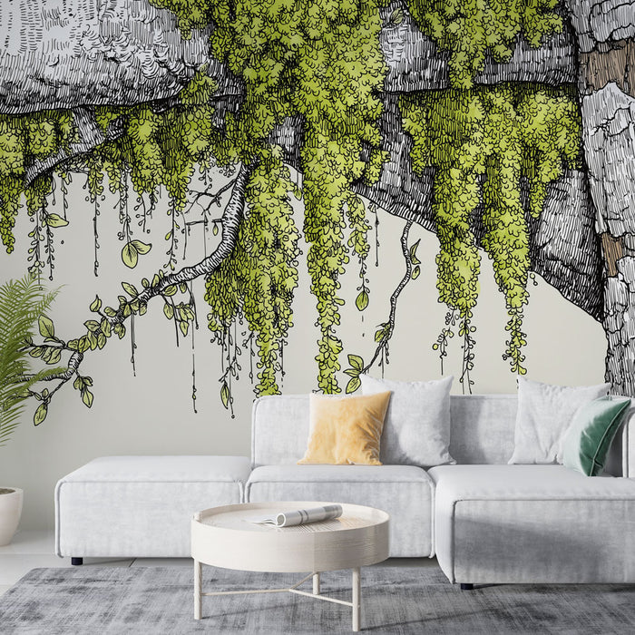 Un salon moderne avec un papier peint illustratif représentant des branches et des feuillages verts sur fond clair, créant une atmosphère naturelle et apaisante.