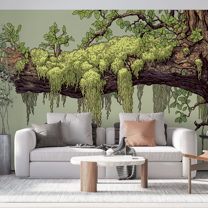 Un salon contemporain avec un papier peint illustrant une branche ornée de mousse et de feuillage vert, créant une ambiance naturelle et apaisante.