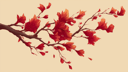 Papier peint branche de fleurs rouges Élégante branche ornée de fleurs flamboyantes sur fond crème