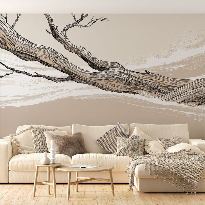 Un salon élégant avec un papier peint représentant une branche stylisée en noir sur fond beige, créant une atmosphère apaisante et naturelle.