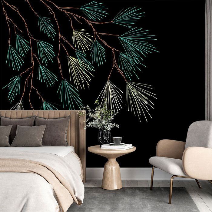 Une chambre moderne avec un papier peint noir orné de branches de pin stylisées en teintes turquoise et crème, créant une atmosphère élégante et apaisante.