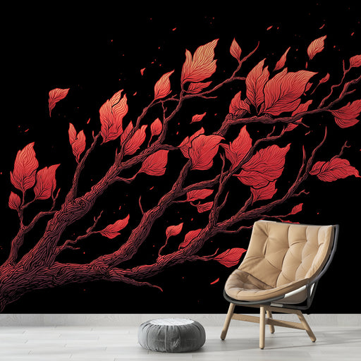 Une pièce moderne avec un papier peint représentant des branches stylisées aux feuilles rouges vives sur fond noir, créant une atmosphère dynamique et chaleureuse.
