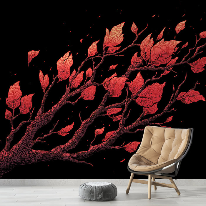 Une pièce moderne avec un papier peint représentant des branches stylisées aux feuilles rouges vives sur fond noir, créant une atmosphère dynamique et chaleureuse.