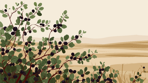 Papier peint branches de baies Motif stylisé de branches avec baies noires sur fond naturel