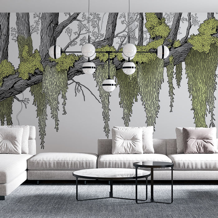 Un salon moderne avec un papier peint illustrant des arbres stylisés et des feuillages verts sur fond clair, créant une atmosphère apaisante et naturelle.