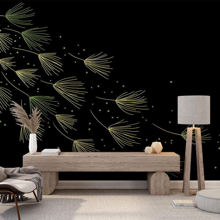 Un salon moderne avec un papier peint noir orné de motifs de feuilles délicates en vert et des points verts, créant une atmosphère élégante et apaisante.