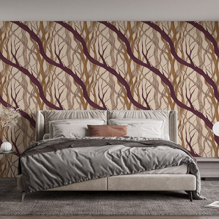 Une chambre moderne avec un papier peint aux motifs de branches stylisées dans des teintes marron et bordeaux sur fond beige, créant une atmosphère chaleureuse et accueillante.