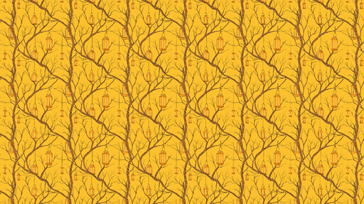 Papier peint branches et lanternes Un motif chaleureux de branches avec lanternes sur fond jaune