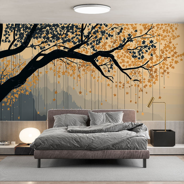 Une chambre moderne avec un papier peint représentant un arbre aux feuilles dorées sur fond dégradé beige et gris, créant une atmosphère douce et apaisante.