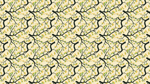 Papier peint branches fleuries Motif de branches noires avec des fleurs jaunes et vertes