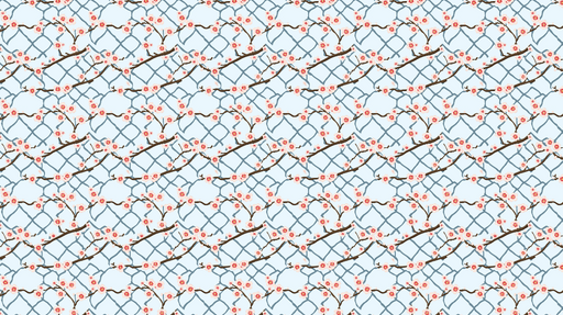 Papier peint branches fleuries Motif de fleurs roses sur fond bleu clair avec grille