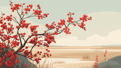 Papier peint branches fleuries Un paysage apaisant avec des baies rouges sur fond doux