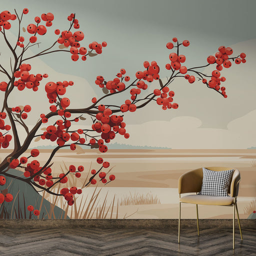 Une pièce moderne avec un papier peint illustrant un arbre aux baies rouges sur fond pastel, créant une atmosphère chaleureuse et accueillante.