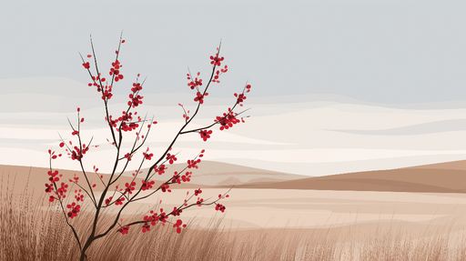 Papier peint branches fleuries Une branche délicate avec des baies rouges sur un fond pastel