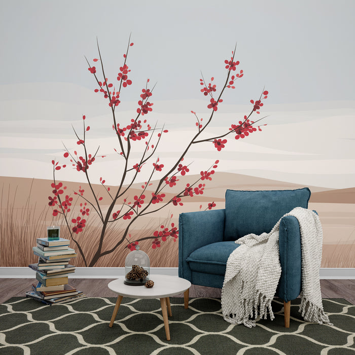 Une pièce de salon avec un papier peint représentant un arbre stylisé aux branches nues et aux baies rouges, créant une atmosphère douce et accueillante.