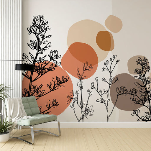 Une pièce moderne avec un papier peint artistique représentant des silhouettes de plantes en noir sur un fond de formes organiques aux teintes chaudes, créant une atmosphère apaisante et contemporaine.