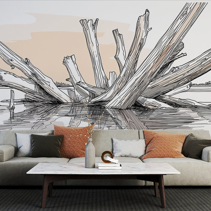 Un salon contemporain avec un papier peint illustrant des troncs d'arbres stylisés sur fond beige, créant une ambiance naturelle et apaisante.