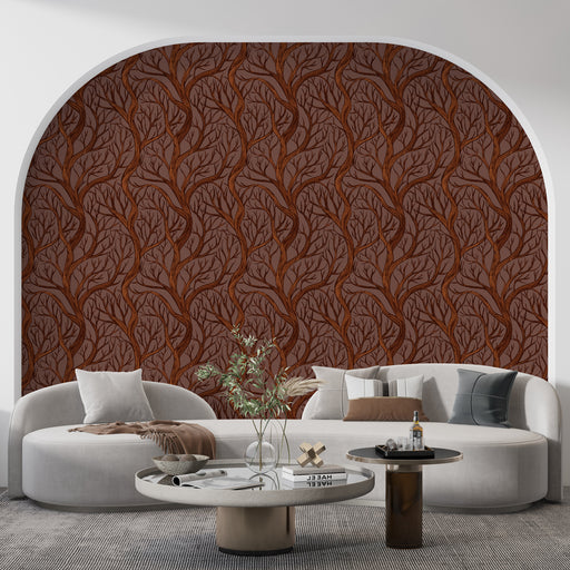 Un salon contemporain avec un papier peint texturé marron, représentant des motifs de branches stylisées, créant une ambiance chaleureuse et accueillante.