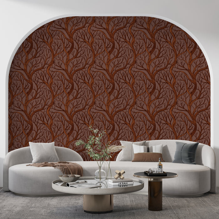 Un salon contemporain avec un papier peint texturé marron, représentant des motifs de branches stylisées, créant une ambiance chaleureuse et accueillante.