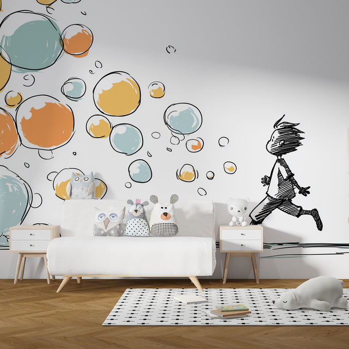 Une chambre d'enfant avec un papier peint ludique représentant des bulles colorées et un enfant en mouvement, créant une atmosphère joyeuse et dynamique.