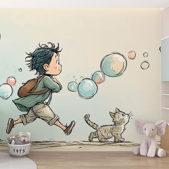 Une chambre d'enfant avec un papier peint illustratif représentant un garçon courant joyeusement après des bulles, accompagné d'un chat, créant une atmosphère ludique et douce.