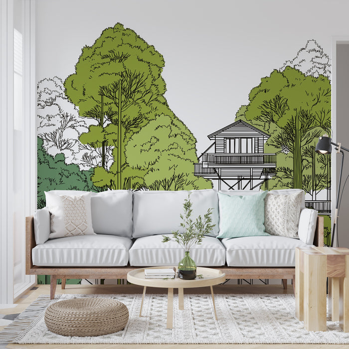 Un salon lumineux avec un papier peint illustrant des arbres verdoyants et une maison sur pilotis, créant une atmosphère naturelle et apaisante.
