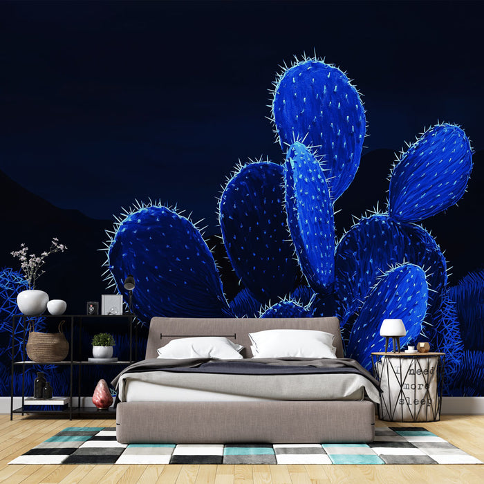 Papier peint cactus bleu | Cactus stylisés illuminés d'un bleu dynamique sur fond sombre