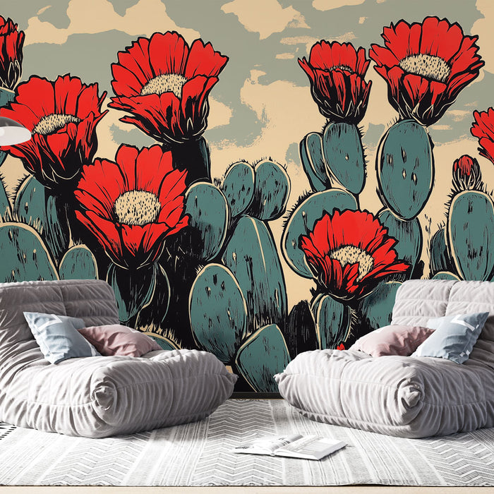 Papier peint cactus | Cactus aux fleurs rouges sur fond pastel