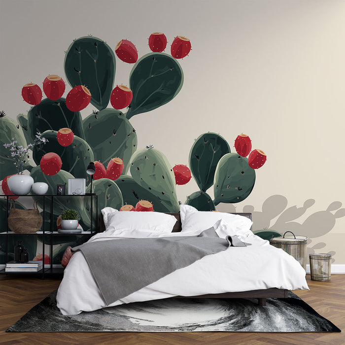 Une chambre moderne avec un papier peint représentant des cactus verts ornés de fruits rouges, créant une ambiance chaleureuse et naturelle.