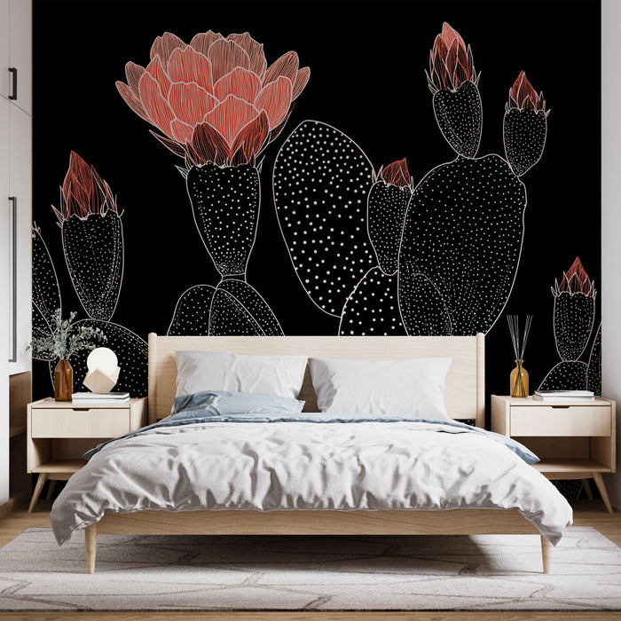 Une chambre moderne avec un papier peint représentant des cactus stylisés aux fleurs rouges sur fond noir, créant une atmosphère audacieuse et contemporaine.