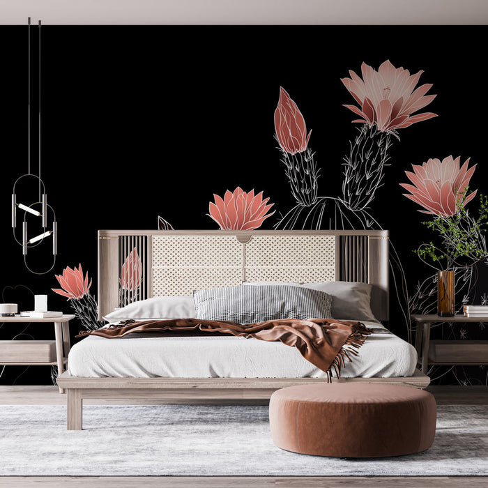 Une chambre moderne avec un papier peint noir illustré de cactus et de fleurs roses, créant une ambiance à la fois audacieuse et élégante.