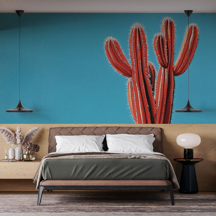 Papier peint cactus | Cactus stylisé sur fond bleu éclatant