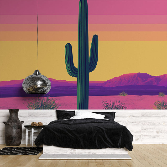 Papier peint cactus | Cactus stylisé sur fond de coucher de soleil vibrant