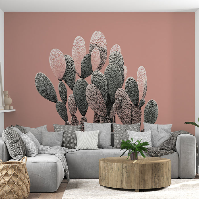 Un salon moderne avec un papier peint représentant des cactus stylisés en noir et rose sur un fond rose, créant une ambiance chaleureuse et artistique.