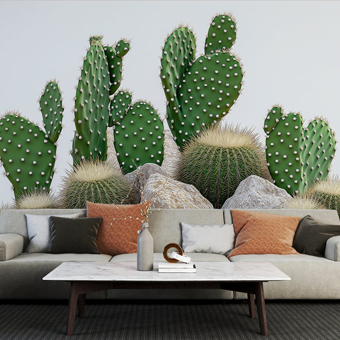 Papier peint cactus | Cactus verts avec fleurs sur un fond clair