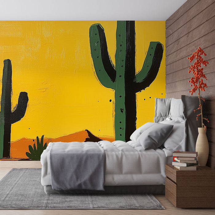 Papier peint cactus | Cactus verts sur fond jaune ensoleillé