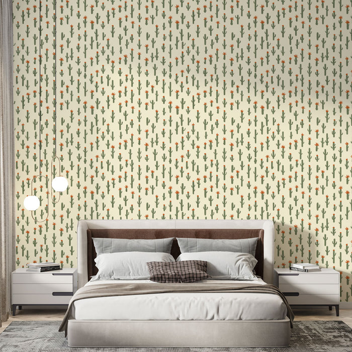 Une chambre moderne avec un papier peint représentant des cactus verts et des fleurs orange sur fond crème, créant une ambiance fraîche et accueillante.