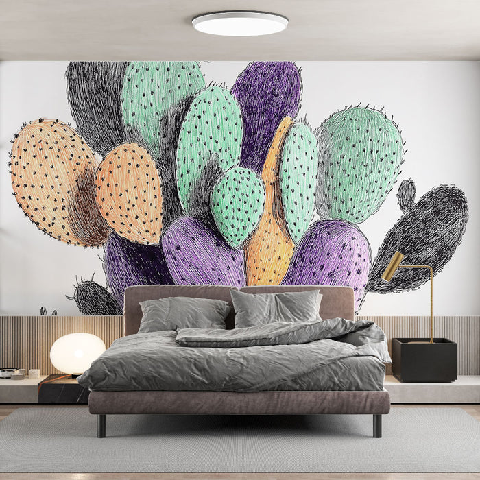 Papier peint cactus coloré | Illustration vibrante de cactus en nuances pastel