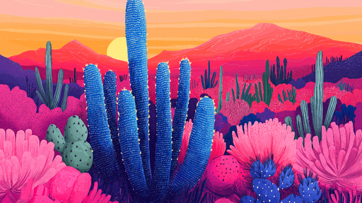 Papier peint cactus coloré Paysage vibrant de cactus et fleurs dans des tons roses et bleus