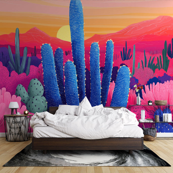 Papier peint cactus coloré | Paysage vibrant de cactus et fleurs dans des tons roses et bleus