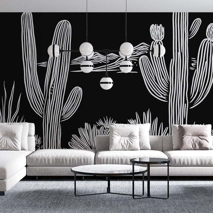 Papier peint cactus | Design monochrome de cactus sur fond noir