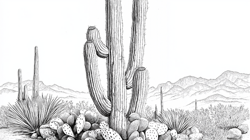 Papier peint cactus Dessin en noir et blanc d'un paysage désertique